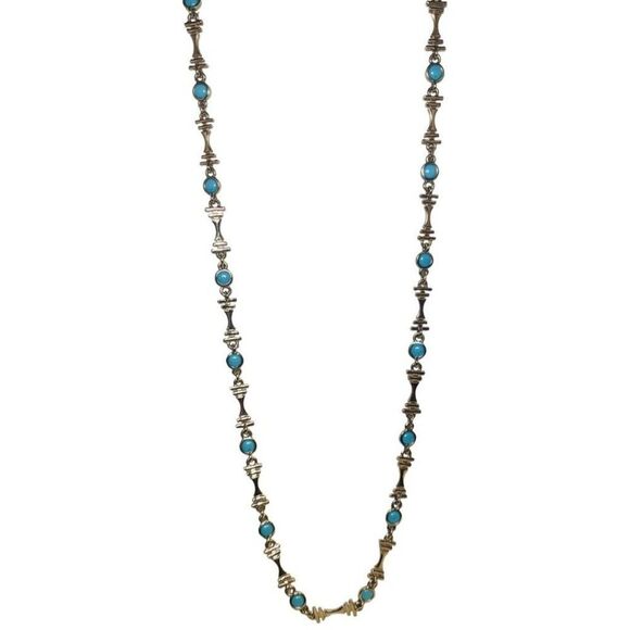 Blue Turquoise Silver Tone Station Vintage Bohemian Minimalist Necklace 27” - Picture 7 of 13